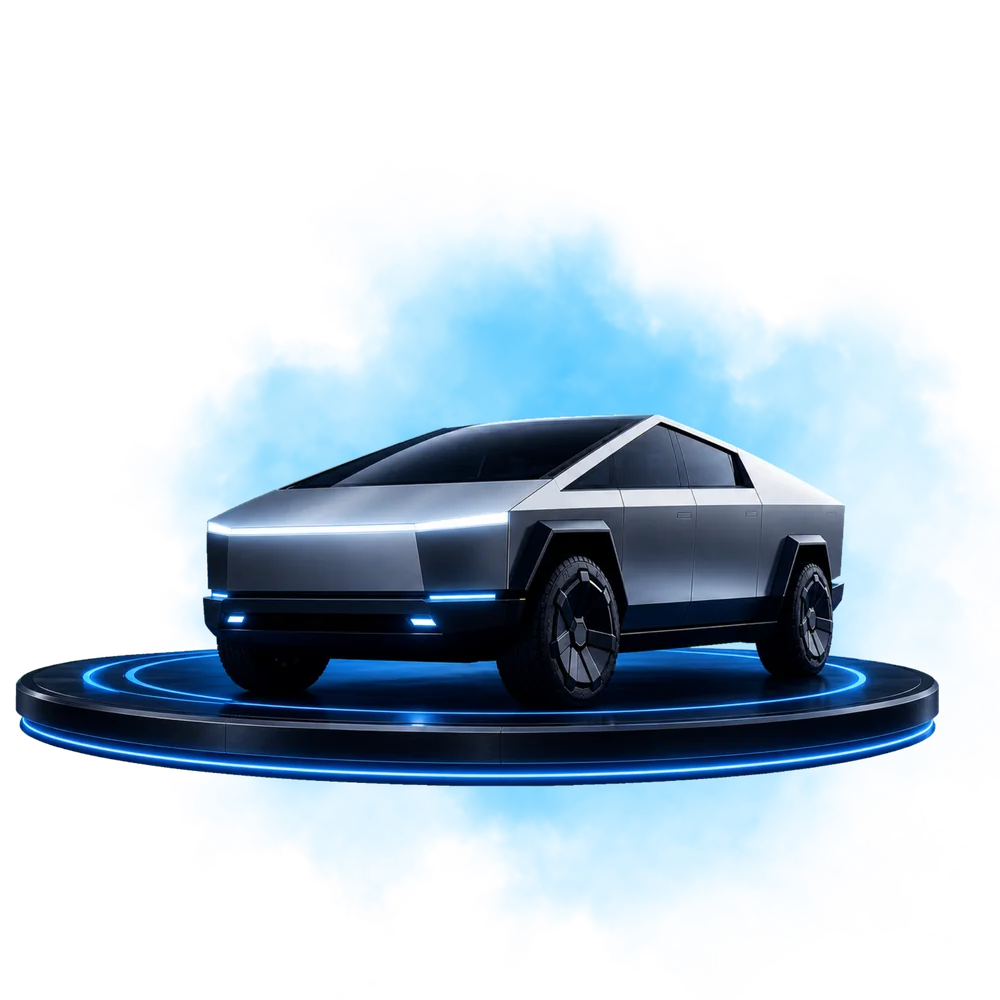 Tesla Cybertruck on an illuminated blue platform